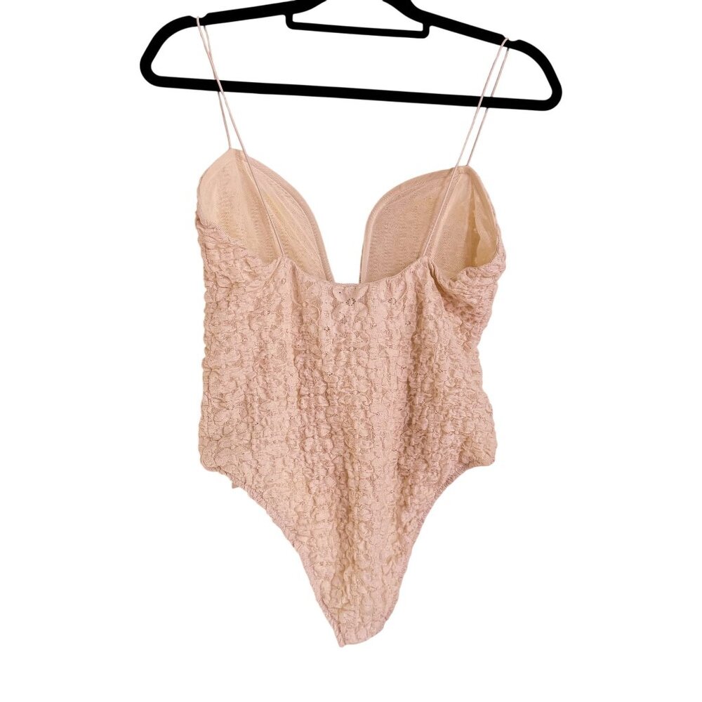 Zara Women’s Cream/Ivory Textured Lace Plunge V-Neck Bodysuit Size L - Picture 3 of 9